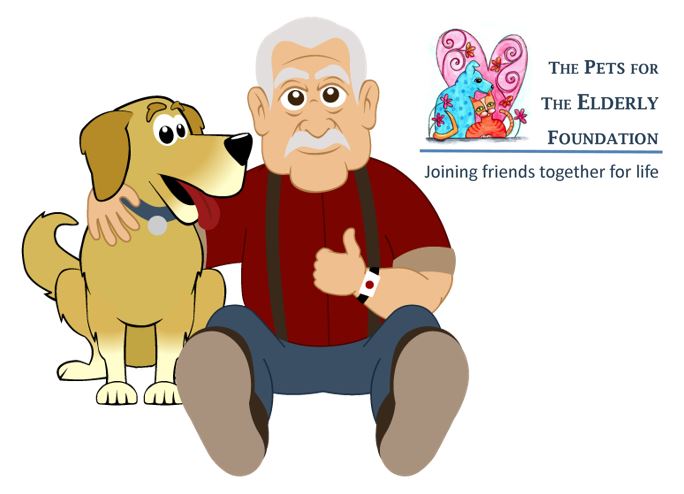 Grumpy Grandpa with his dog Plato and The Pets For The Elderly Foundation logo.