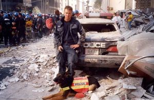 Trakr, a German Shepard, is shown at ground zero with his trainer. 