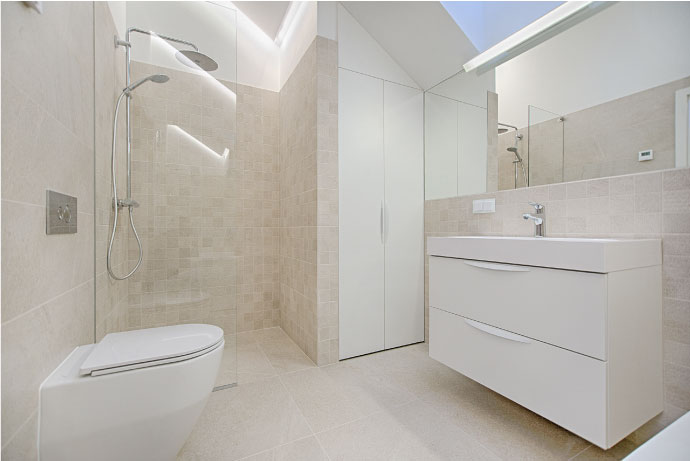 Bathroom with open space and standing shower