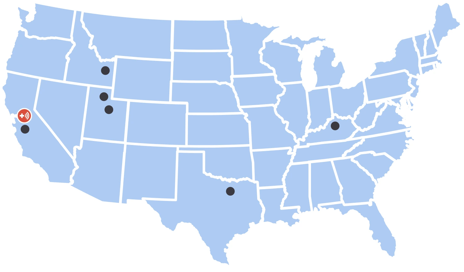 A map of the United States showing where Bay Alarm Medical provides medical alert coverage to.