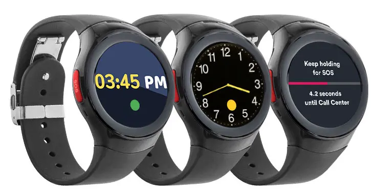 Bay Alarm Medical SOS Smartwatch showing time, analog display, and SOS emergency countdown, highlighting 4G connectivity and GPS tracking features.