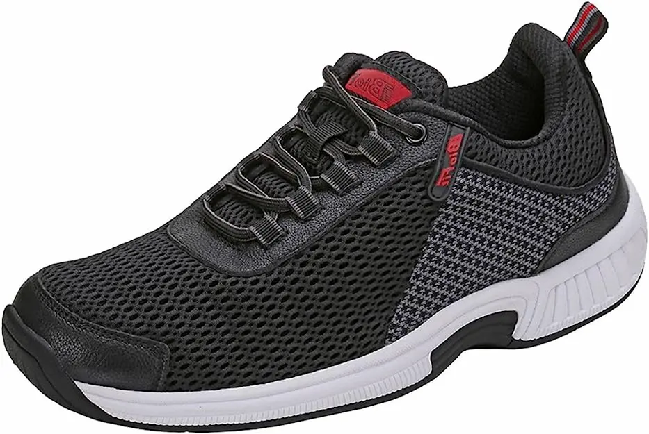 Black Orthofeet men’s orthopedic walking shoe with rubber sole and wide toe box for plantar fasciitis relief, included in Bay Alarm Medical’s guide to the best orthopedic shoes for men.