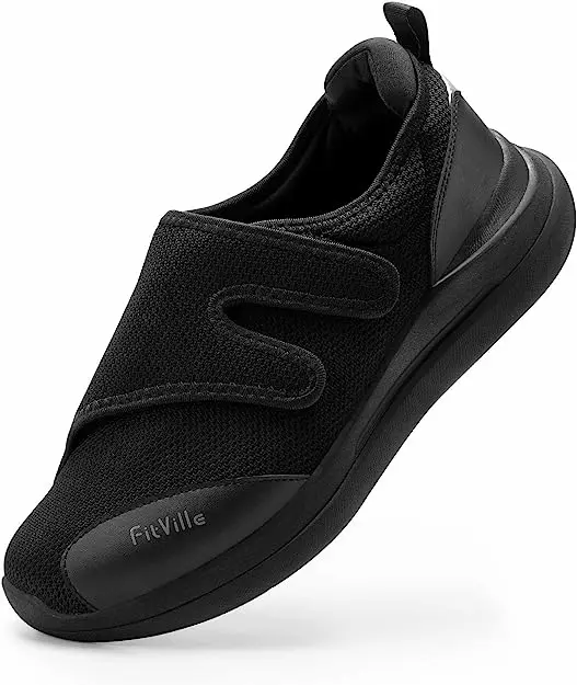 Black FitVille extra-wide orthopedic diabetic slip-on shoe for men with adjustable closure and cushioned sole, included in Bay Alarm Medical’s guide to diabetic shoes for men.