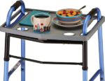 food tray accessory on a blue walker for food and drinks