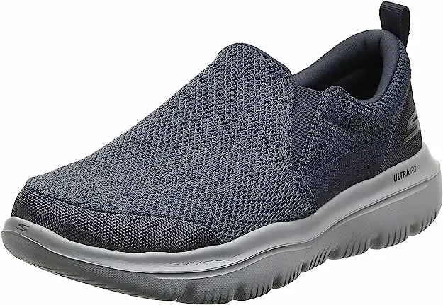 Gray Skechers men’s slip-on walking shoe with breathable mesh and cushioned sole, featured in Bay Alarm Medical’s guide to easy slip-on sneakers for seniors.