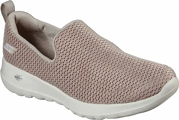 Light pink Skechers Go Walk Joy women’s slip-on sneaker with cushioned sole and breathable mesh, featured in Bay Alarm Medical’s walking shoe guide for women.